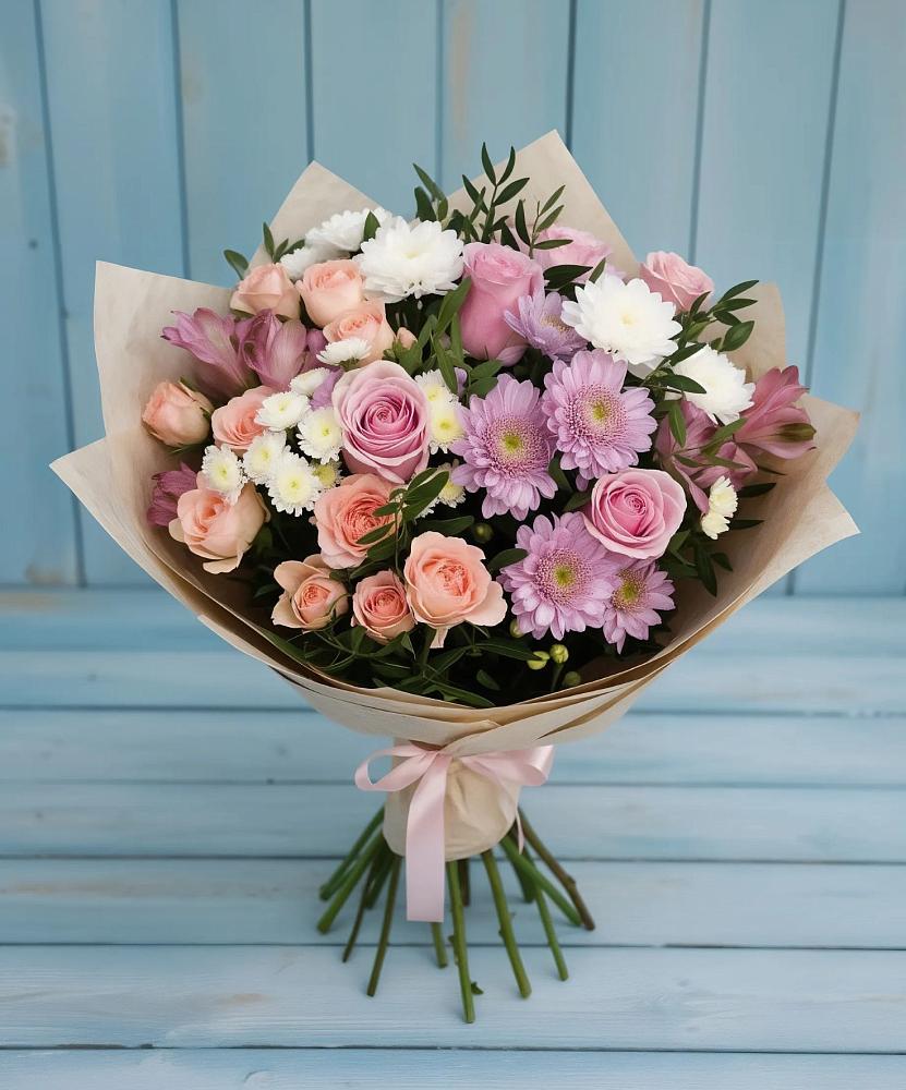 Букет цветов из: Хризантемы, Розы и Альстромерии в Ащерино