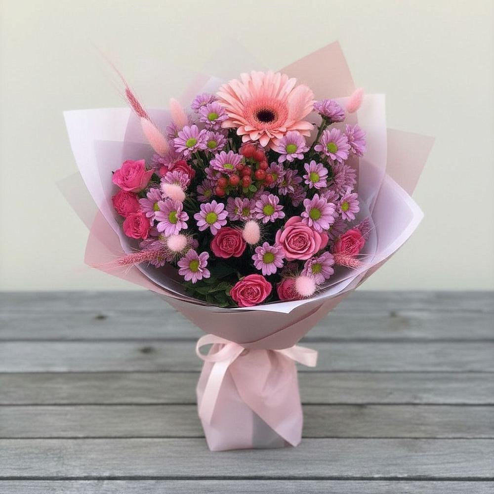 Букет цветов из: Розы, Герберы и Хризантемы в Ащерино