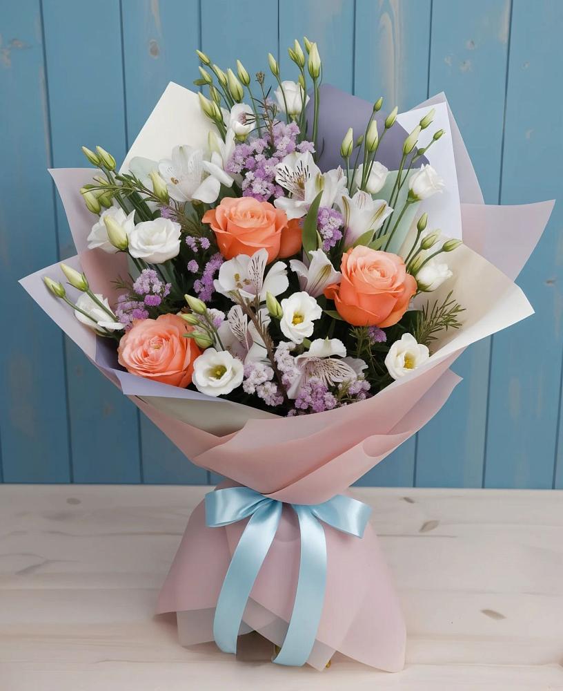 Букет цветов из: Лизиантусы, Розы, Альстромерии и Гипсофила в Ащерино