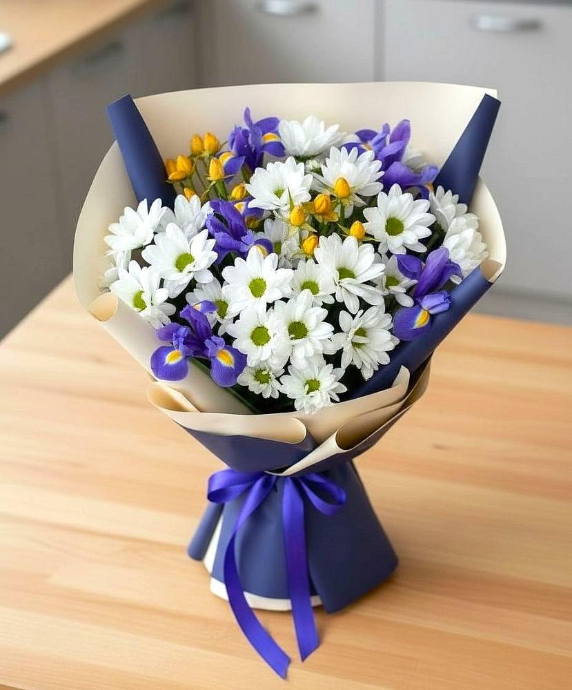 Букет цветов из: Розы, Ирисы и Хризантемы в Ащерино