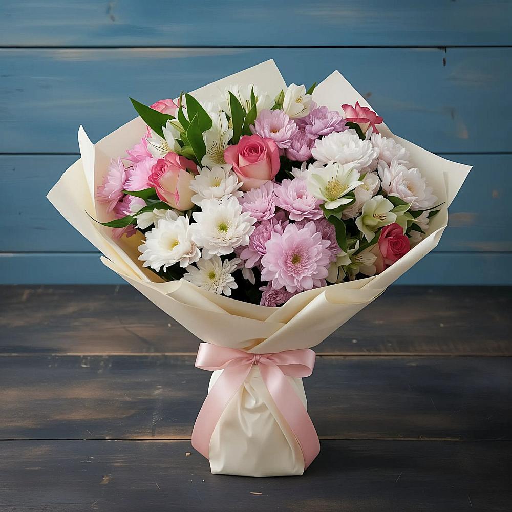 Букет цветов из: Хризантемы, Альстромерии и Розы в Ащерино